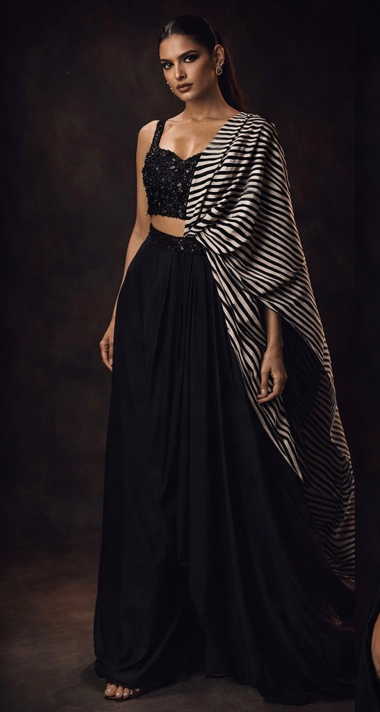 ONE SHOULDER BLACK INDO WESTERN