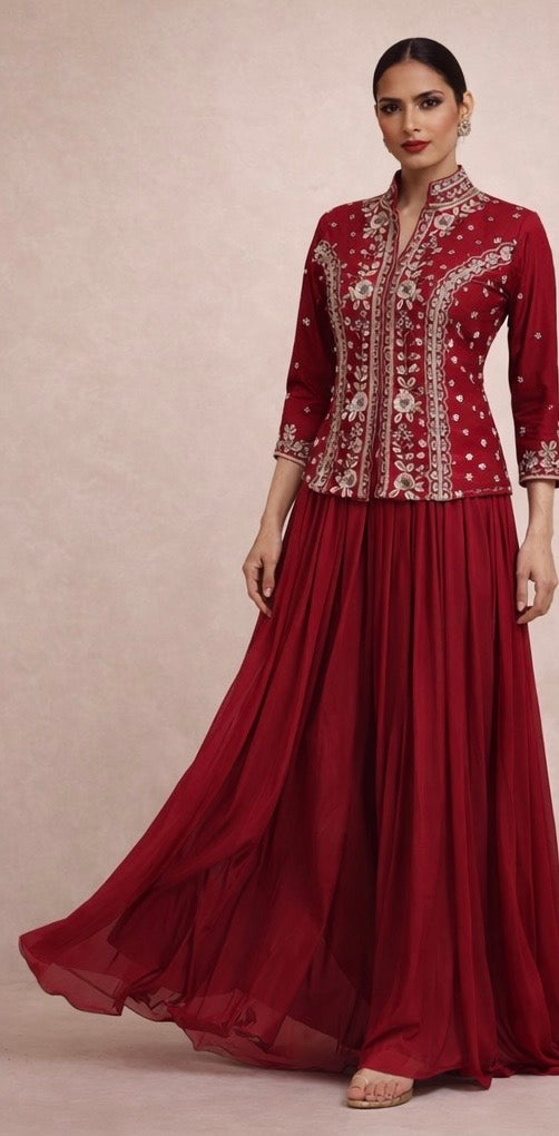 RED EMBROIDED INDO WESTERN