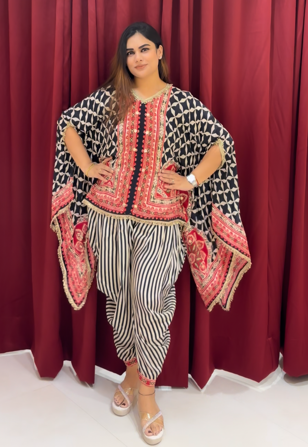 Black and Red Kaftan Coords With Dhoti Pants