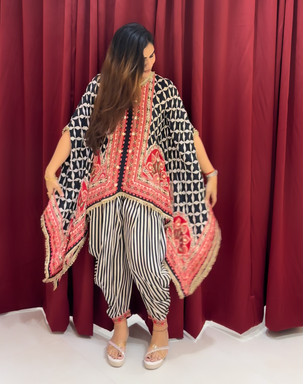 Black and Red Kaftan Coords With Dhoti Pants