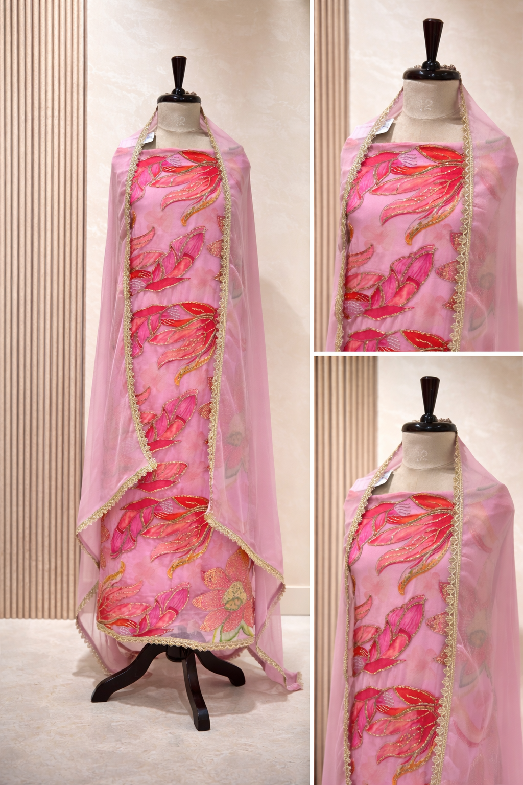 BLUSH PINK ORGANZA SEQUINNED PINK FLORAL UNSTITCHED SUIT