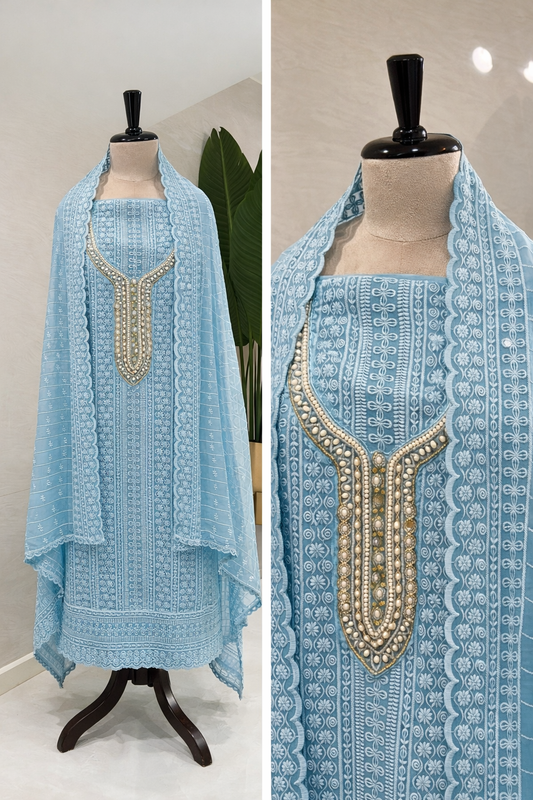 POWDER BLUE GEORGETTE UNSTITCHED SUIT