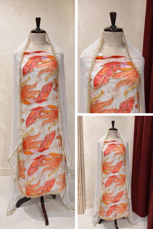 ORANGE AND WHITE ORGANZA SEQUINNED PINK FLORAL UNSTITCHED SUIT