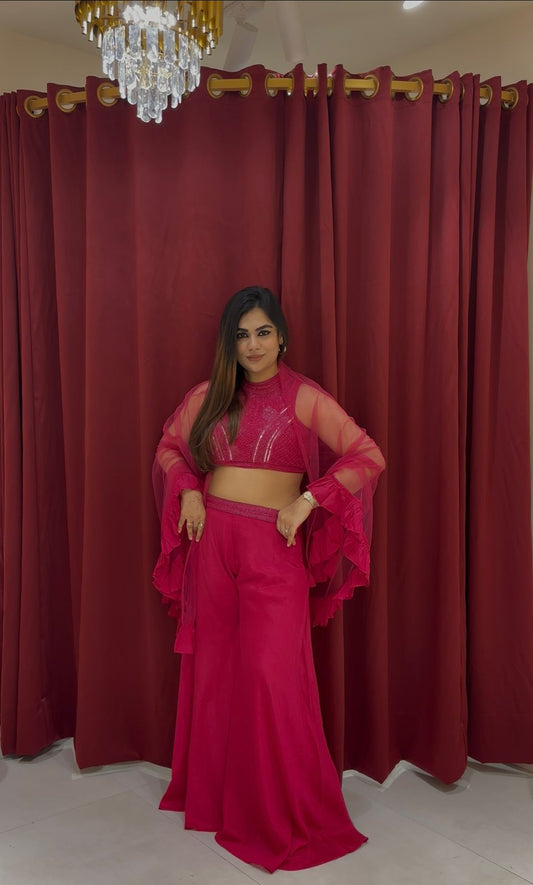 FUCHISIA PINK INDO WESTERN WITH RUFFLE CAPE
