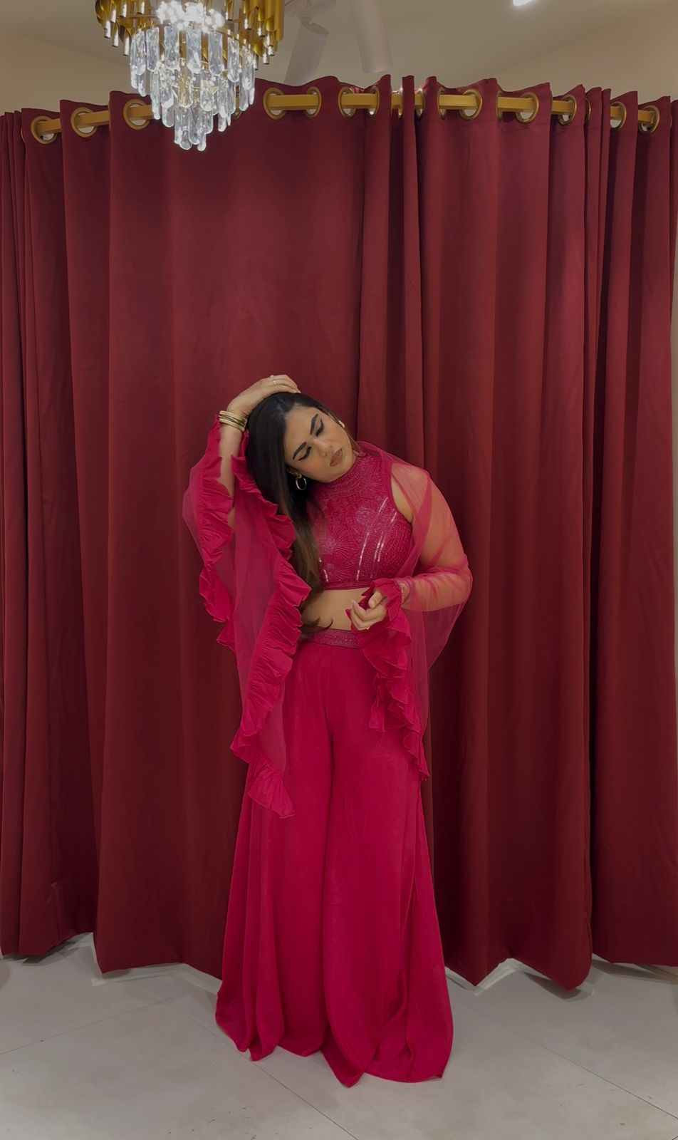 FUCHISIA PINK INDO WESTERN WITH RUFFLE CAPE