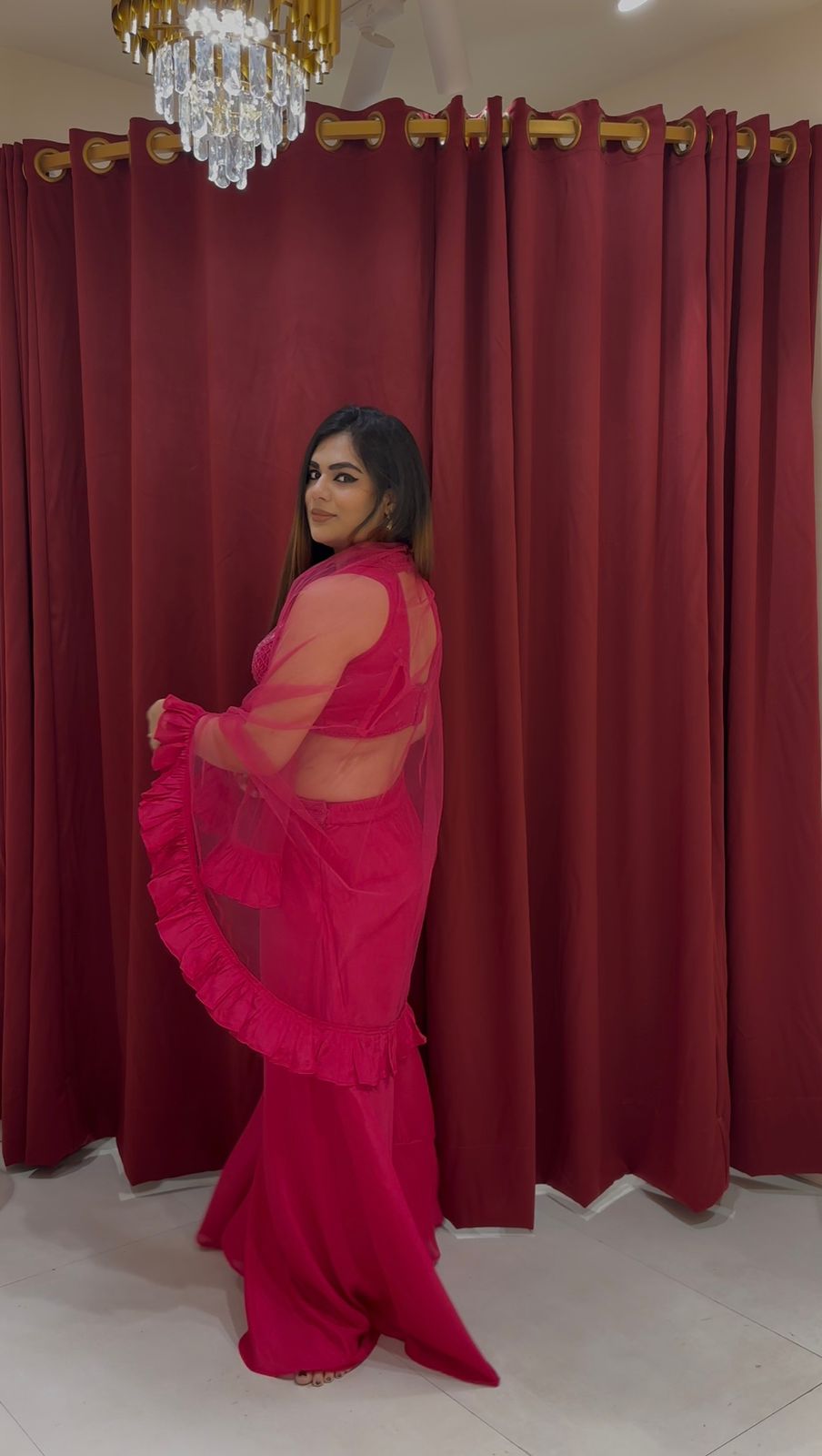 FUCHISIA PINK INDO WESTERN WITH RUFFLE CAPE