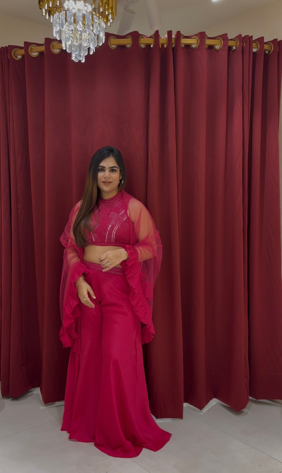 FUCHISIA PINK INDO WESTERN WITH RUFFLE CAPE